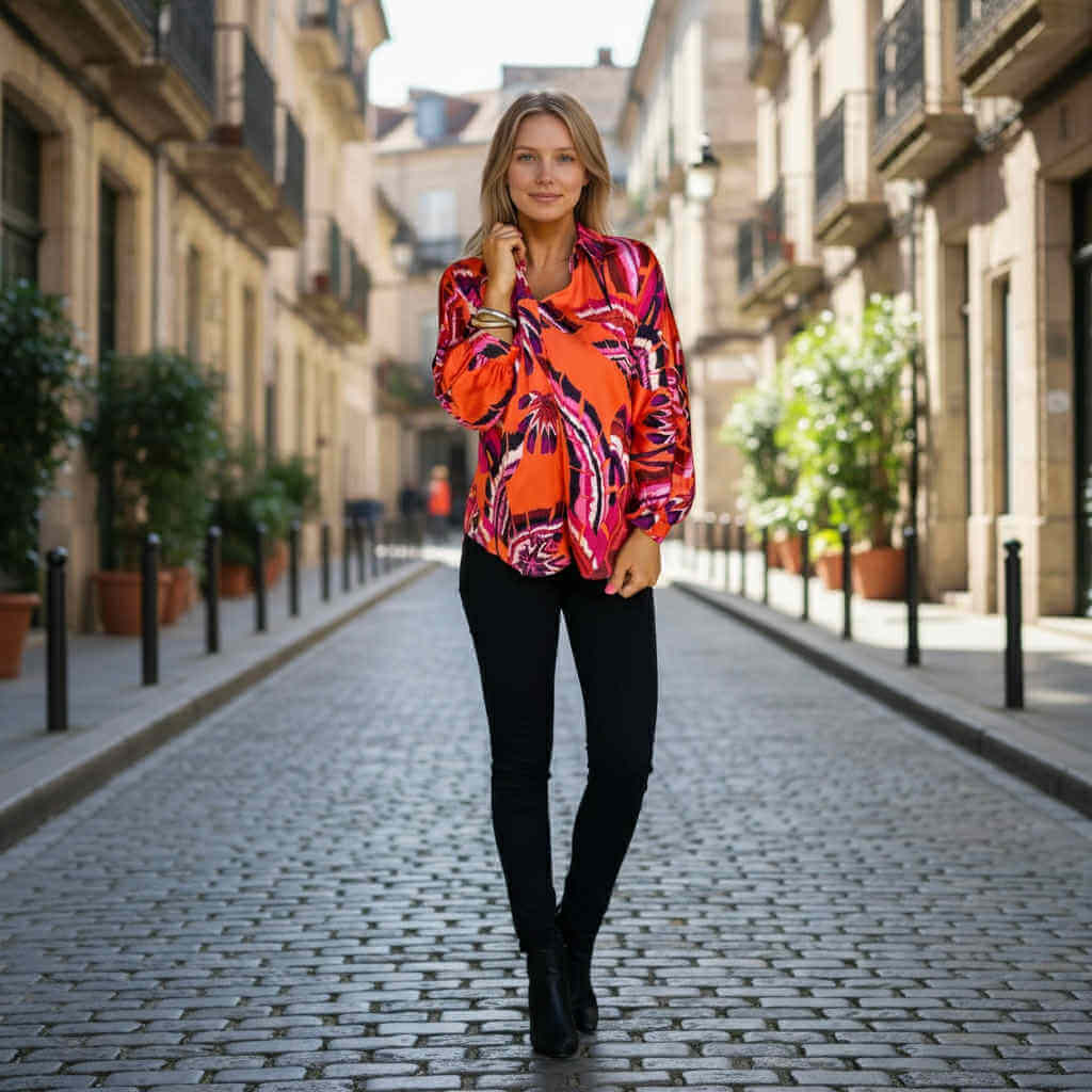 Model wearing LAVA LUXE BLOUSE - JODIFL in vibrant colors, standing on a cobblestone street.