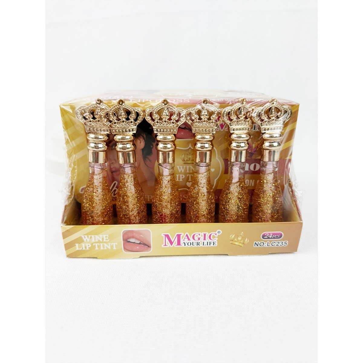 Champagne Nights Lip Color set of six crown-topped lip tints in glittery packaging for custom lip shades.