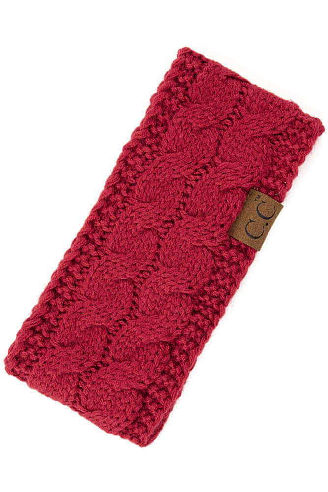 C.C Sherpa Lined Cable Knit Headband in vibrant red, ultra-soft acrylic, stylish and warm accessory.