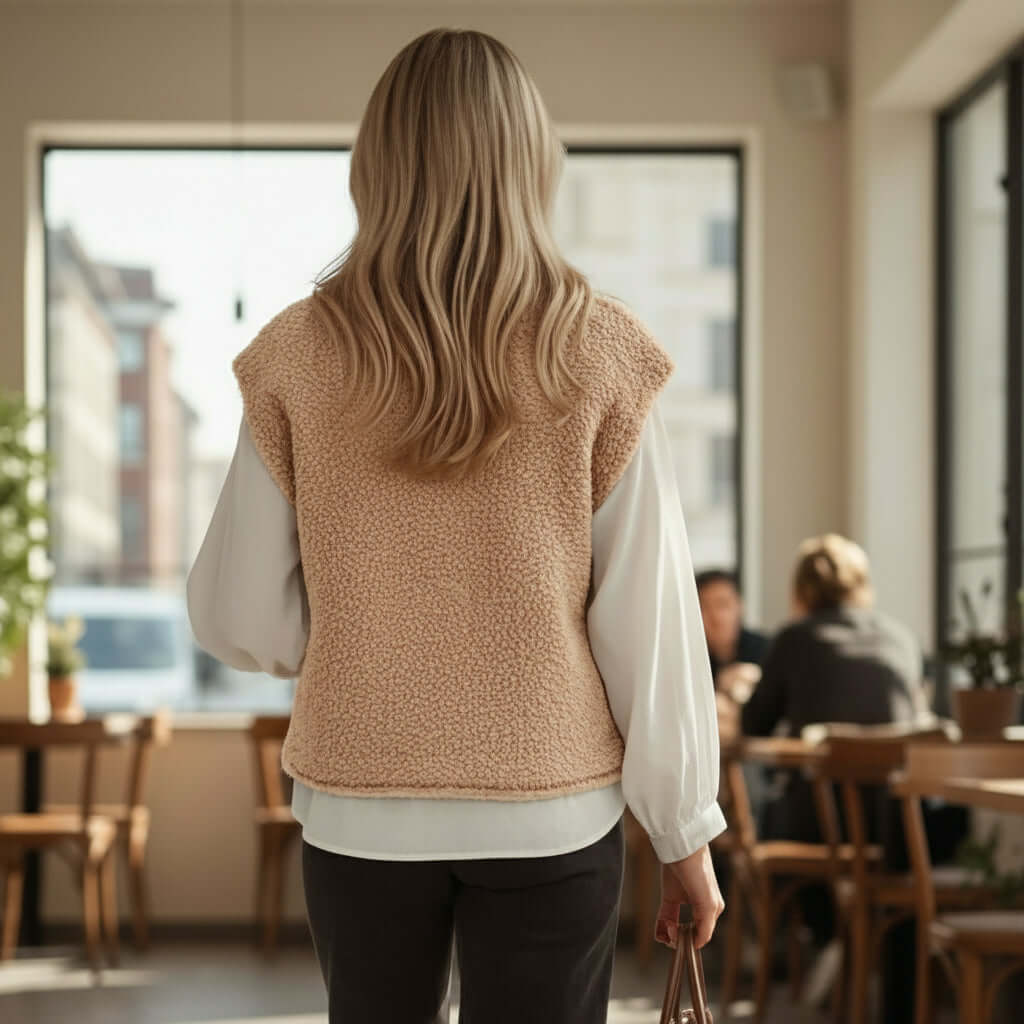 Woman wearing a CLASSIC COMFORT SHERPA VEST in light French beige, showcasing cozy style with oversized vintage buttons.