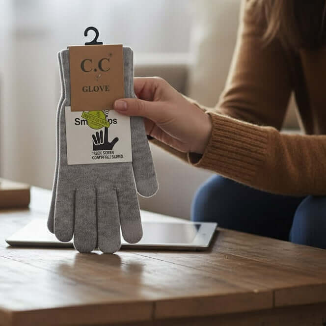 C.C. Winter Gloves (6 colors) displayed by a hand, showcasing smart-tip feature for touch screens, and a soft gray color.