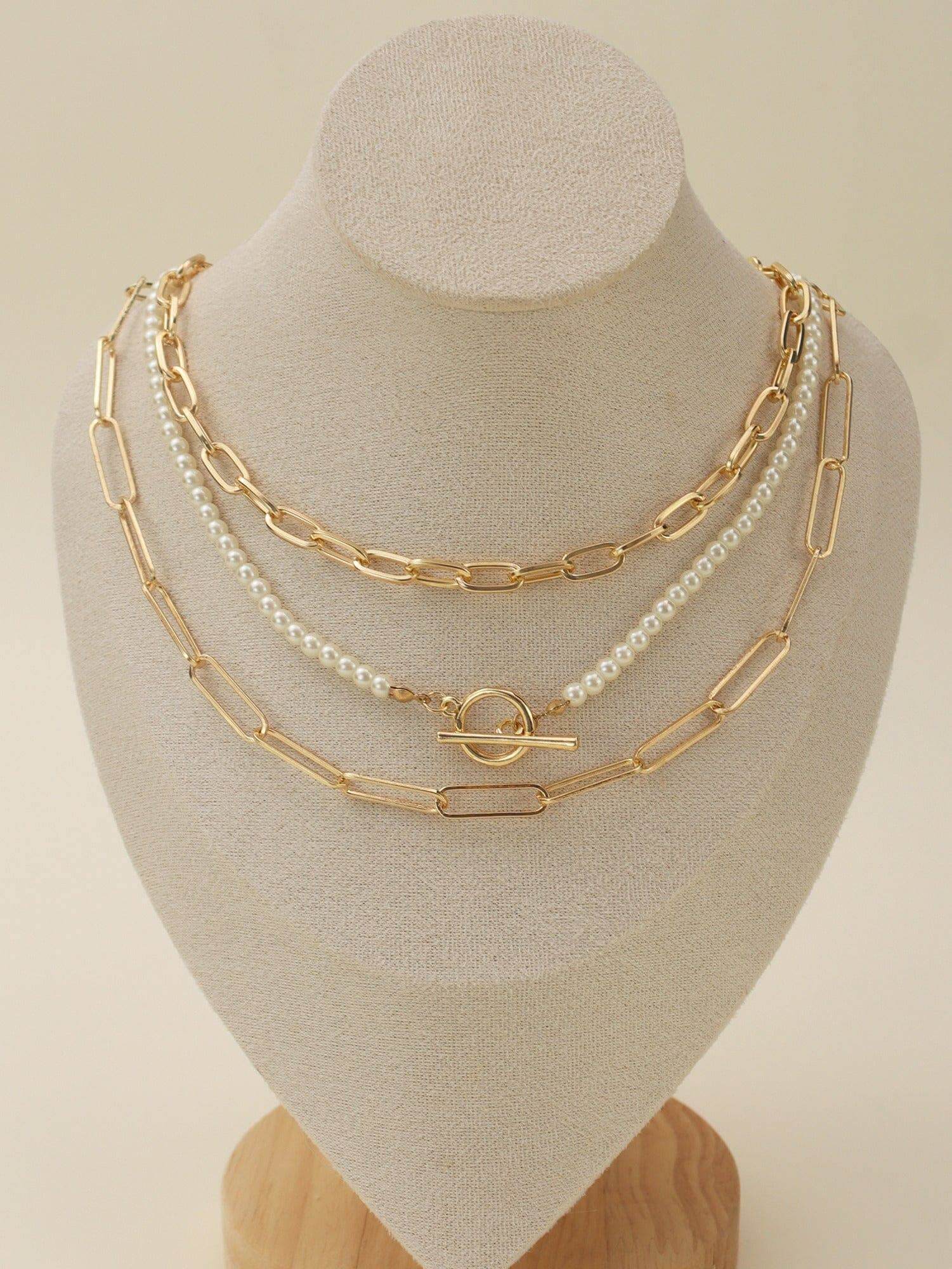 Serene Strands Necklace Set featuring golden and pearl layers on display, perfect for stylish outfit enhancement.