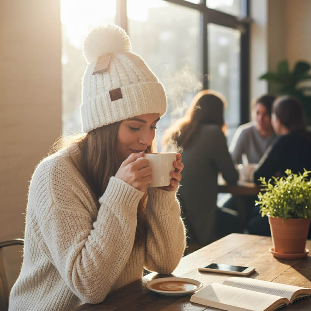 Woman wearing a KNITTY GRITTY BEANIE by C.C. (cream) sipping coffee in a cozy café setting.