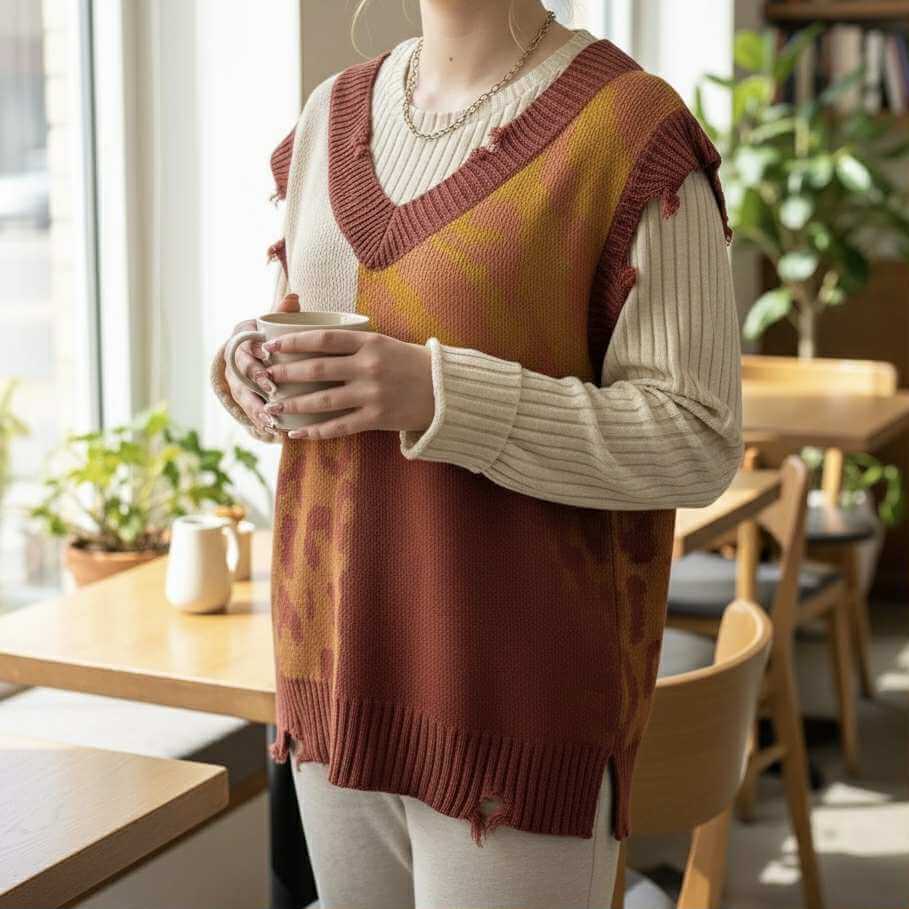 WILD HARVEST VEST - Umgee styled with cozy long sleeve top, showcasing its brick red and neutral patchwork design.