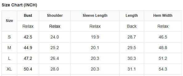 Size chart for AMBER WOODS JACKET showing bust, shoulder, sleeve length, length, and hem width measurements.