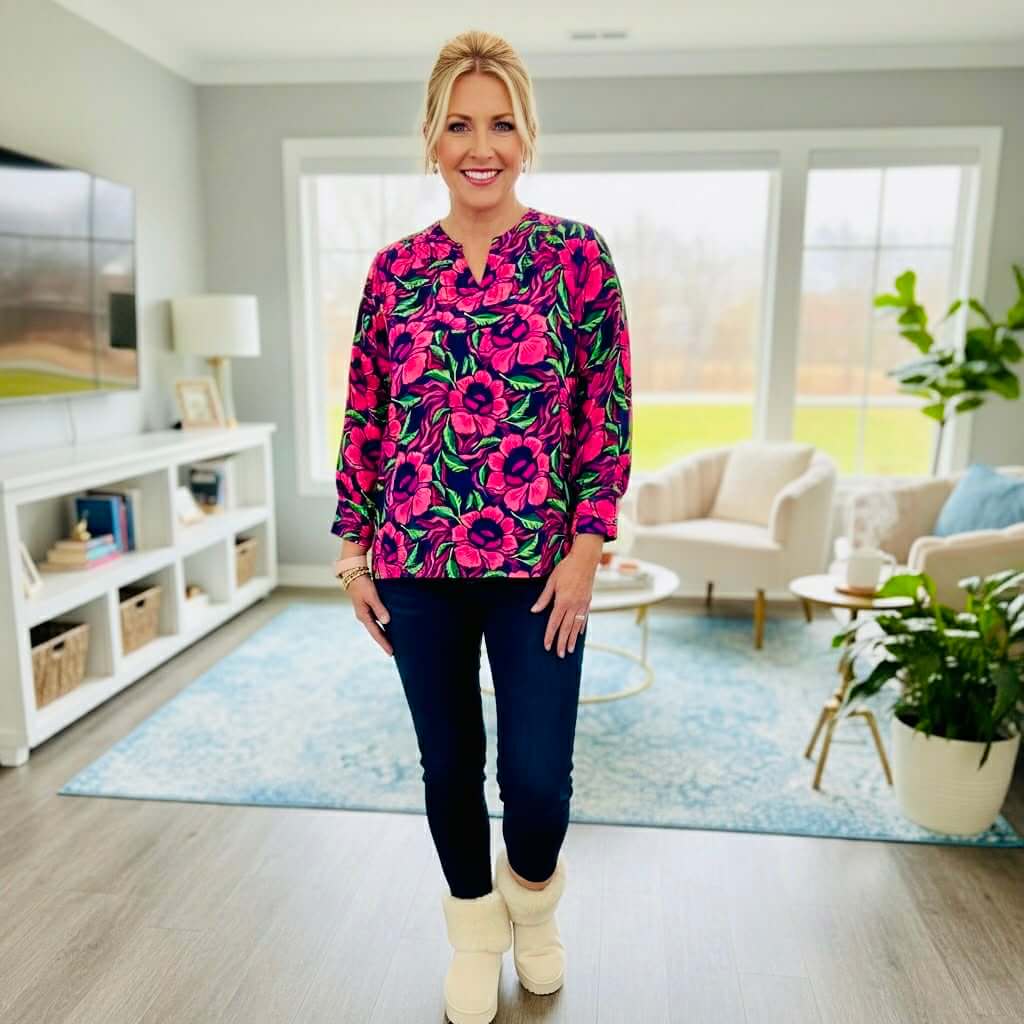 Woman modeling the SIENNA LOVESTRUCK TOP by Michelle McDowell, featuring vibrant pink floral print and navy design.