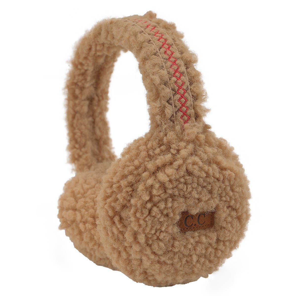 C.C. Sherpa Earmuffs (3 colors) in tan with plush texture and embroidered details for winter warmth and style.