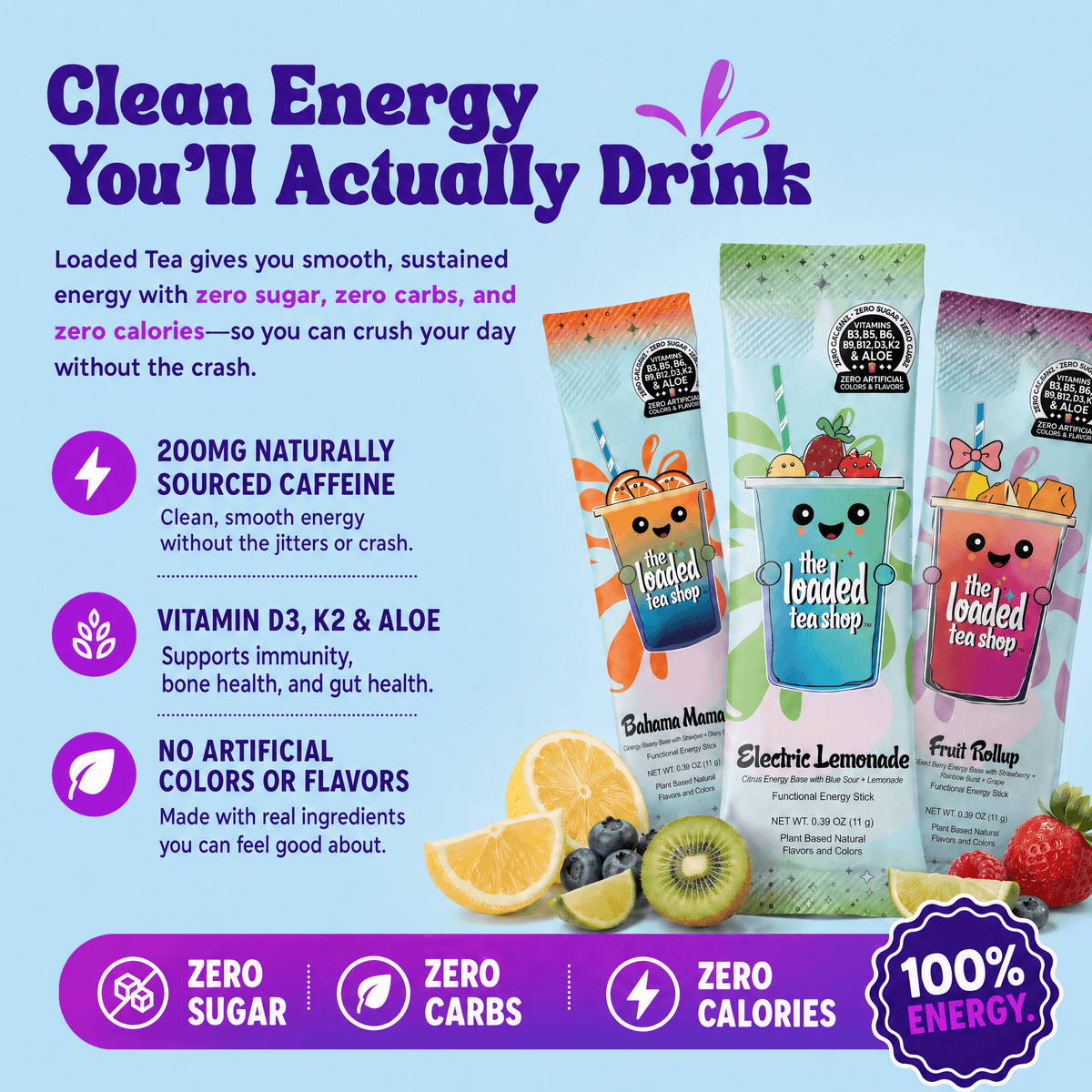 LOADED TEA SHOP DRINK PACKETS for clean energy with zero sugar, carbs, and calories in vibrant flavors.
