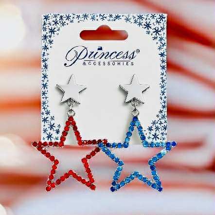 Patriotic Star Spangled Sparkle Earrings in red and blue, featuring silver-tone star studs by Princess Accessories.