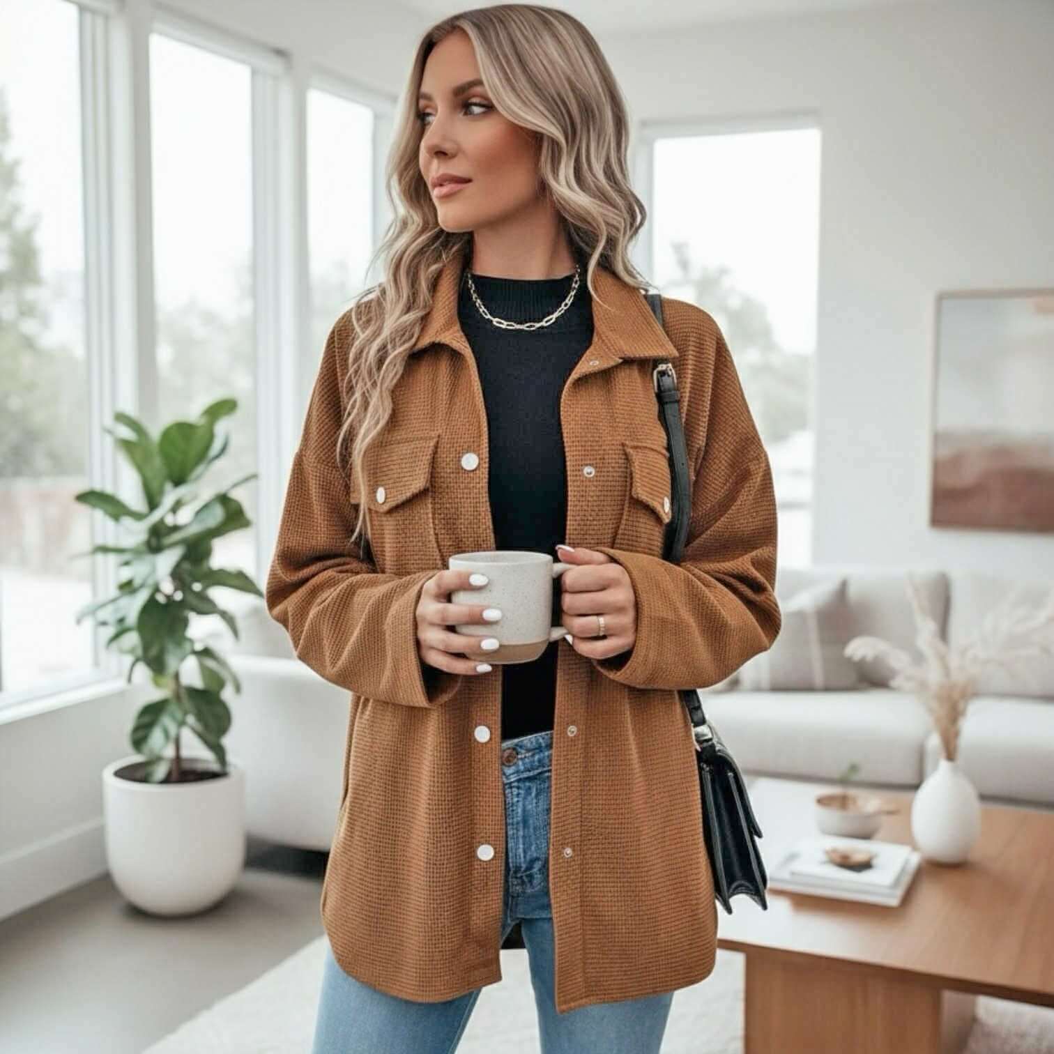 Woman wearing AMBER WOODS JACKET, a warm cinnamon brown shacket with flap pockets, holding a coffee mug.