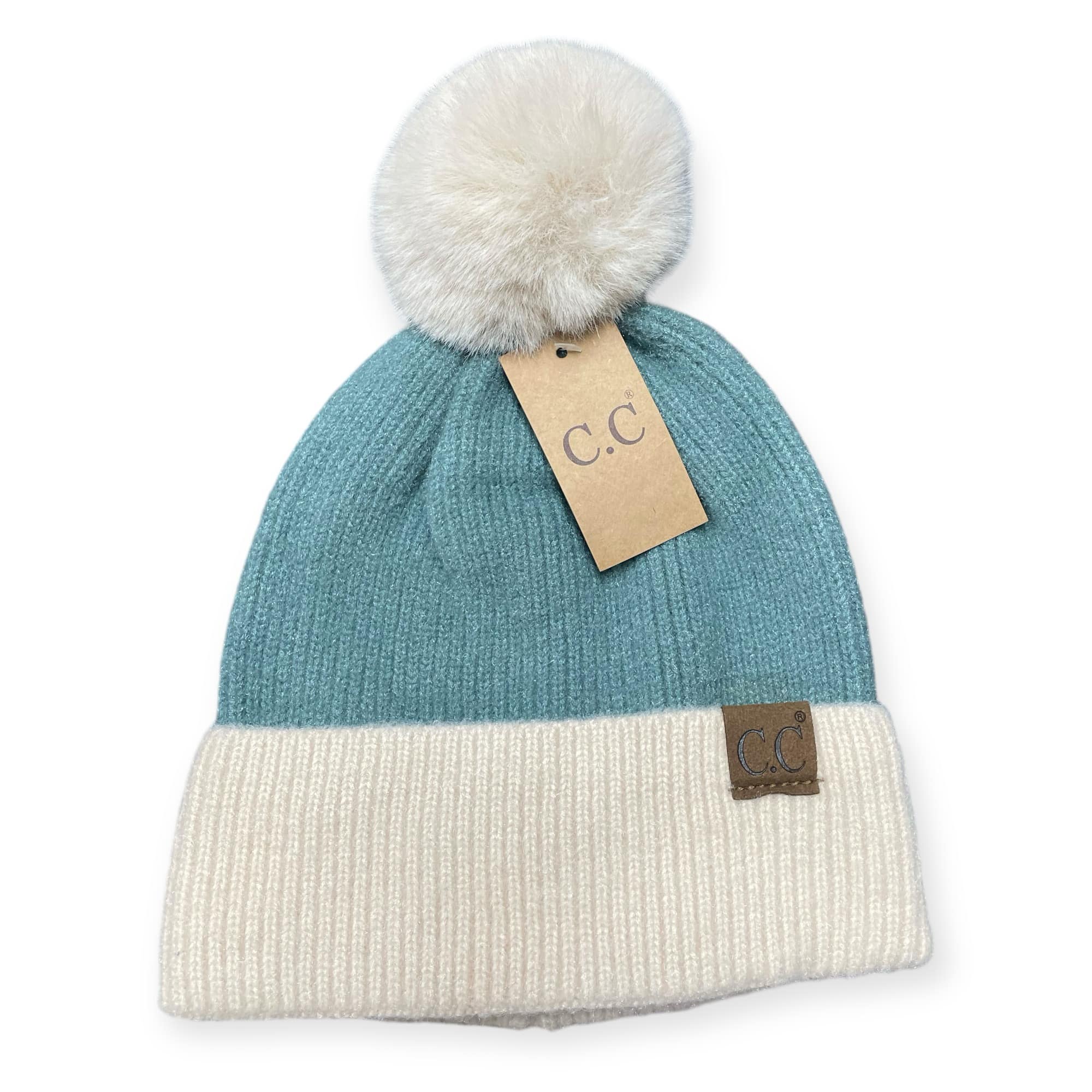Teal OH SO SOFT BEANIE by C.C. with beige cuff and fur pom pom, perfect for winter fashion.