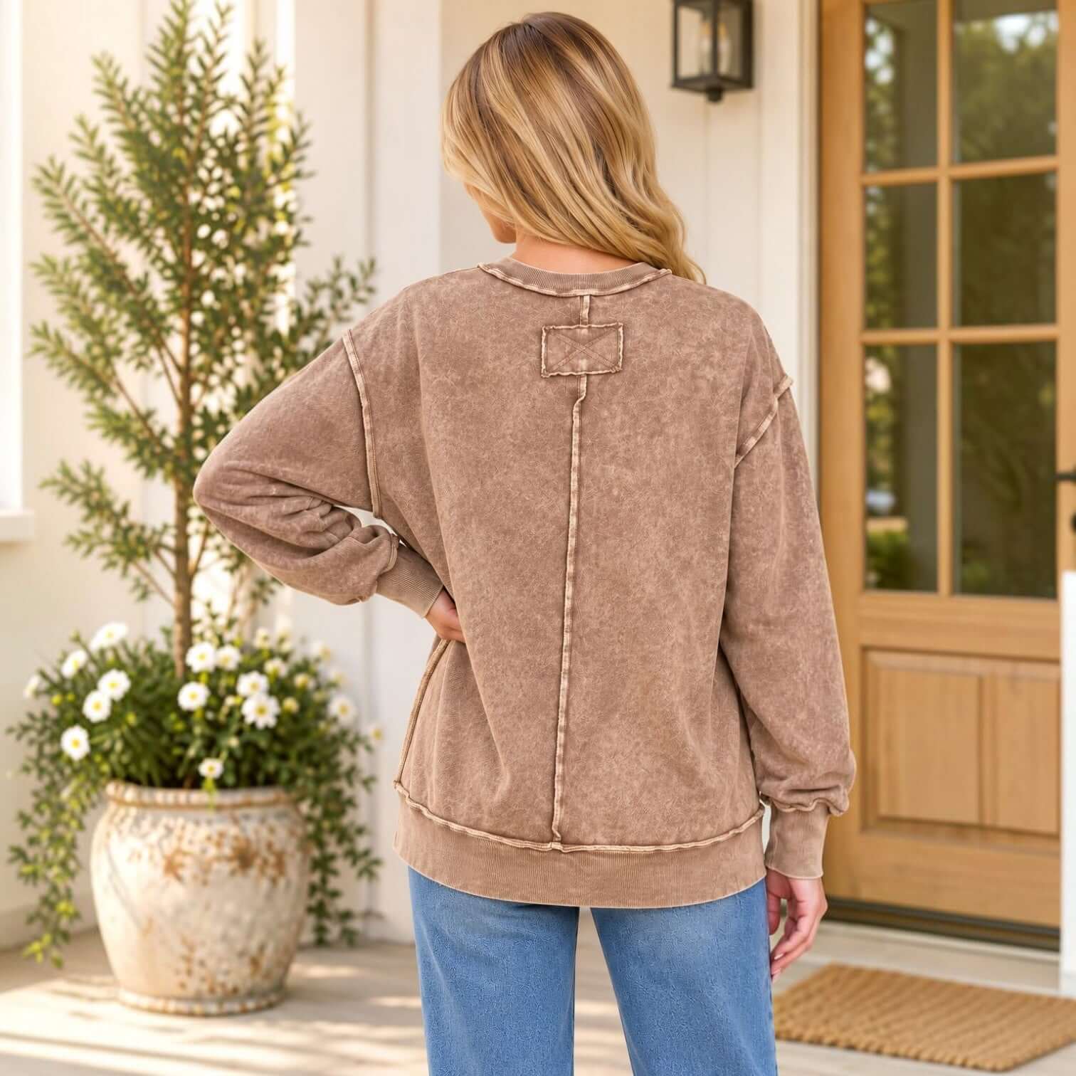 WEEKEND COZY PULLOVER (3 colors) back view showcasing soft French Terry fabric and relaxed fit.