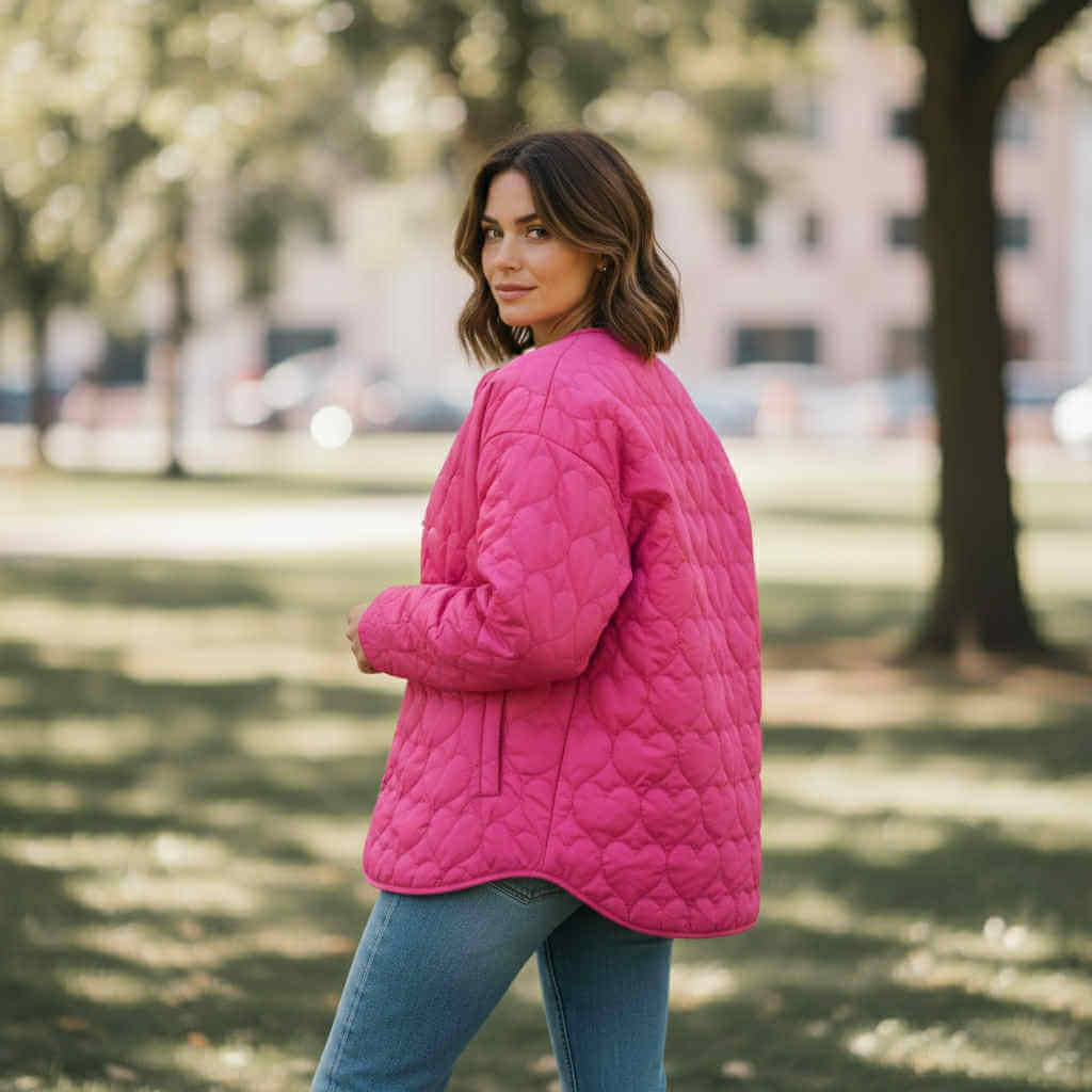 Woman wearing SWEET TEMPO GUILTED JACKET in bright pink, showcasing quilted design in a sunny park setting.