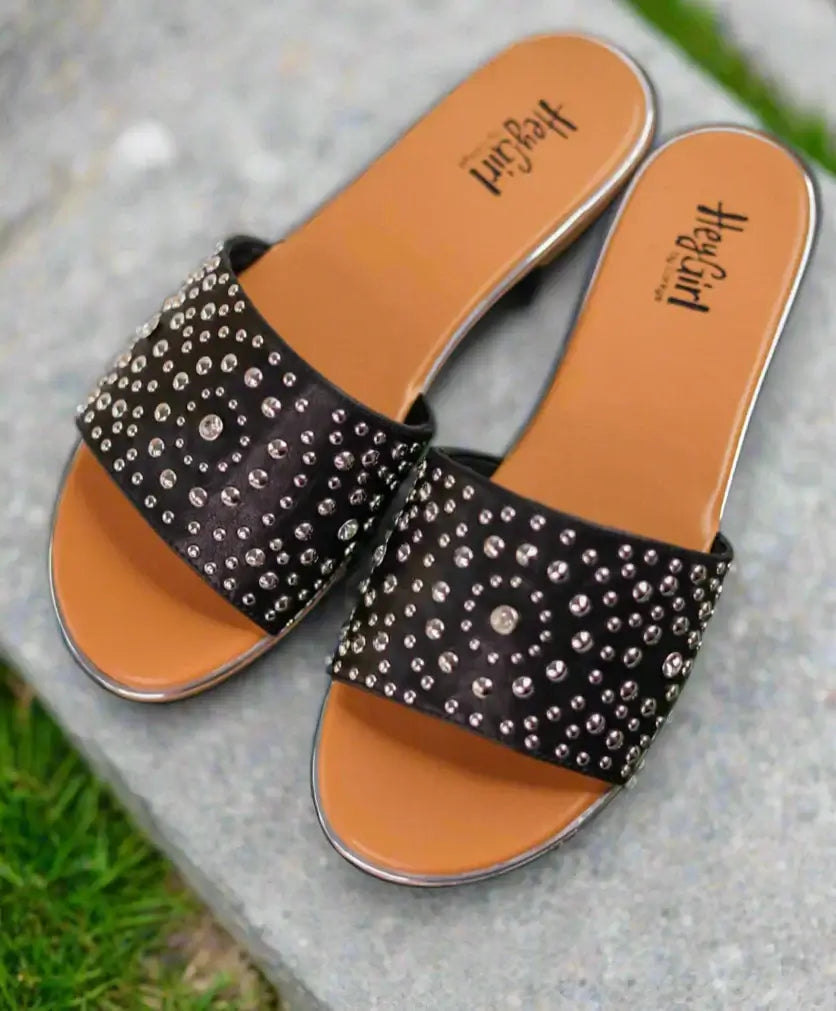 Corkys Bail Money sandals in black with studded wide strap, ideal for style and comfort, perfect for any occasion.