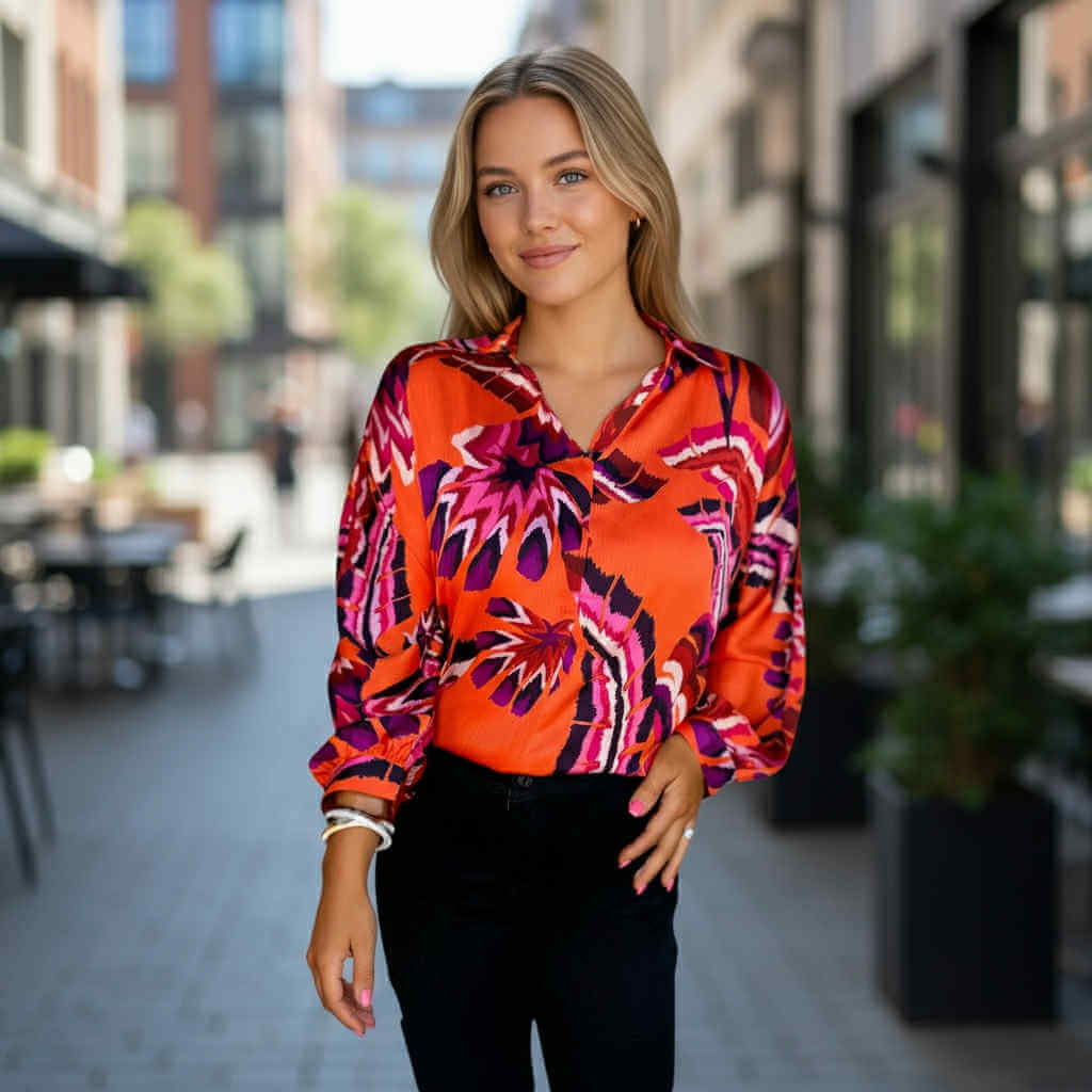 Model wearing the LAVA LUXE BLOUSE - JODIFL in vibrant red, orange, and purple tones, showcasing its silky fabric in an outdoor setting.