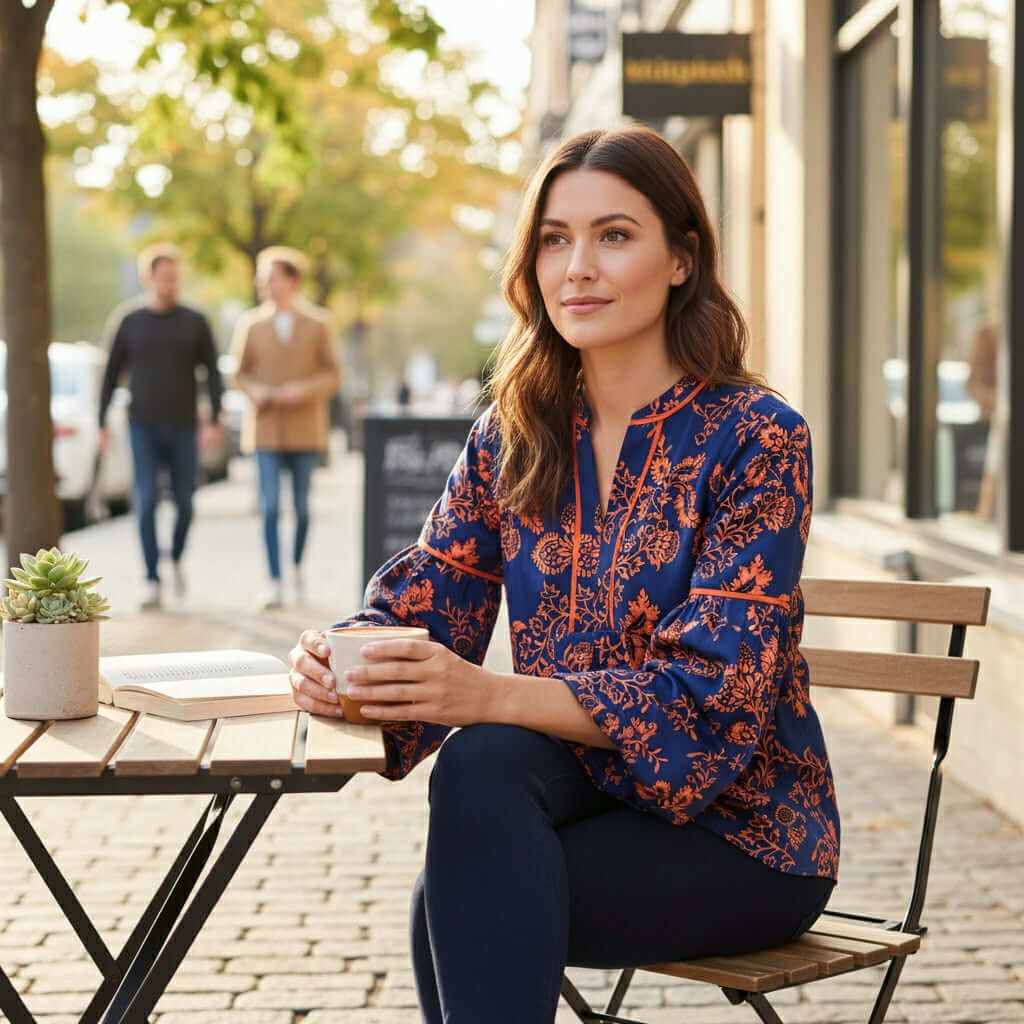 TIMELESS CHARM - Umgee (blue) top worn by a woman sitting at a café, featuring a floral design and 3/4 sleeves.