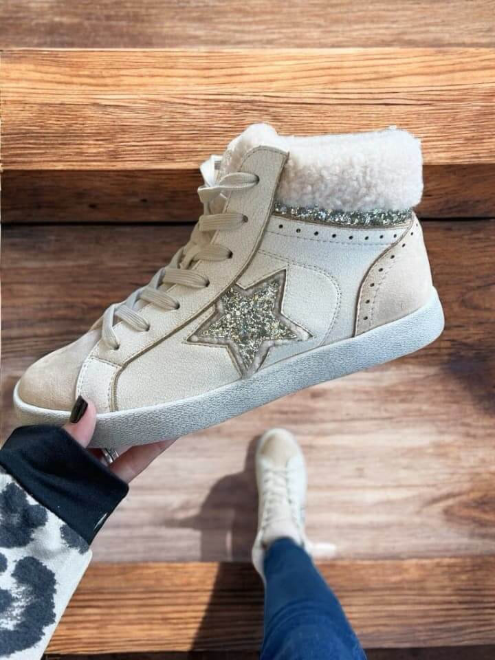 Cream VERY G Star Bright Sneakers showcasing glitter star and sherpa accents for stylish comfort.