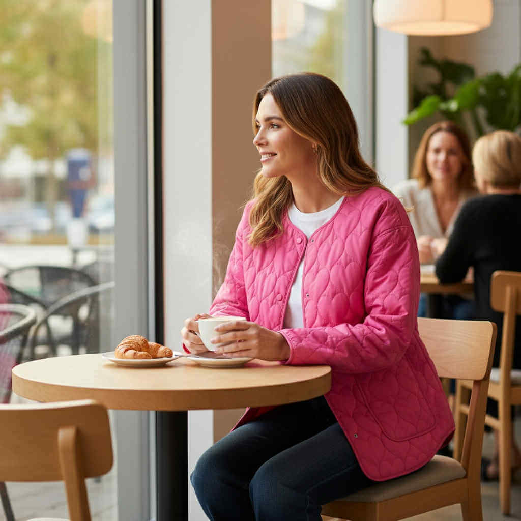 Woman wearing a SWEET TEMPO GUILTED JACKET while enjoying coffee at a cozy cafe.