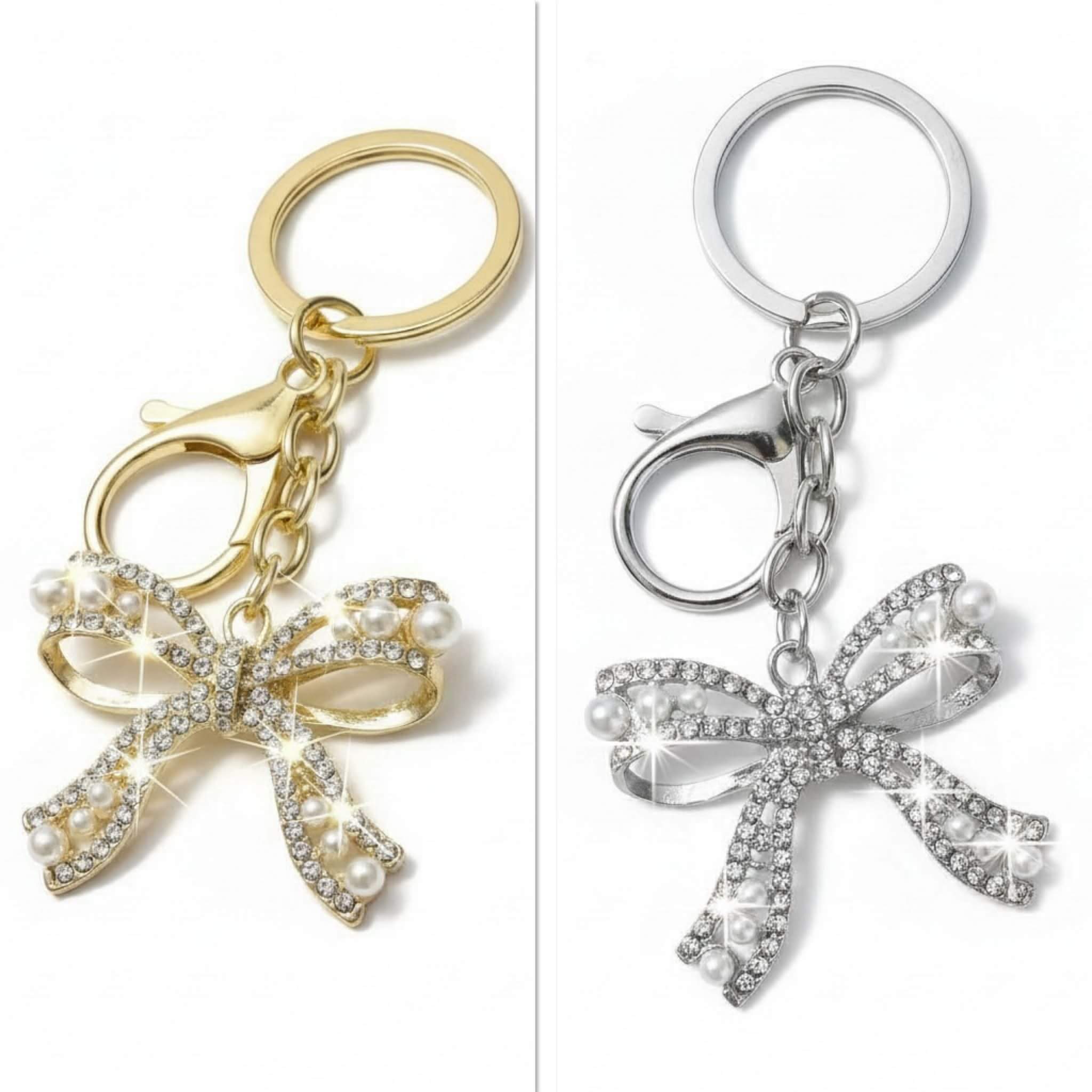 ENCHANTED BOW Bag Charm / Keychain in gold and silver tones with rhinestones and pearls, perfect for adding sparkle.