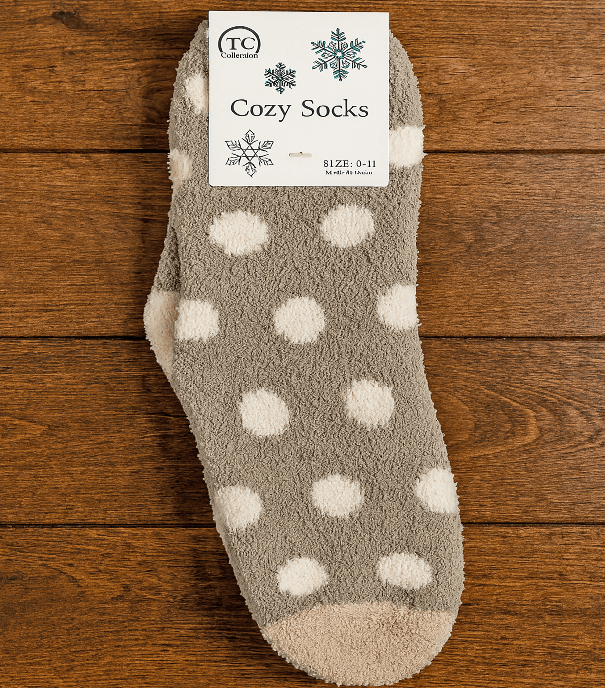Cozy Snuggle Spot Socks in grey with white polka dots, soft and warm for lounging or gifting.
