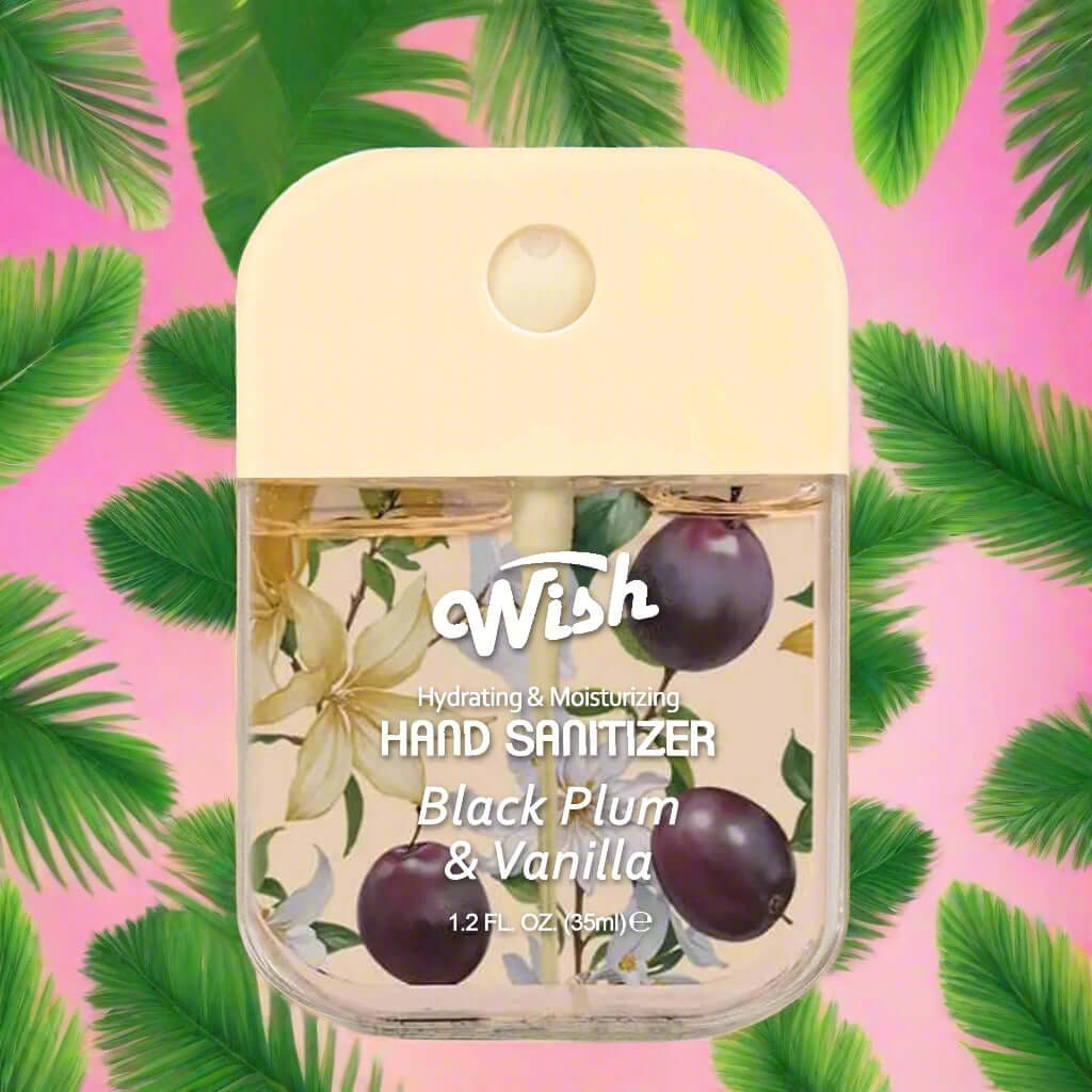 WISH HAND SANITIZER NEW (8 SCENTS AVAILABLE) in Black Plum & Vanilla scent, hydrating and moisturizing hand sanitizer bottle.