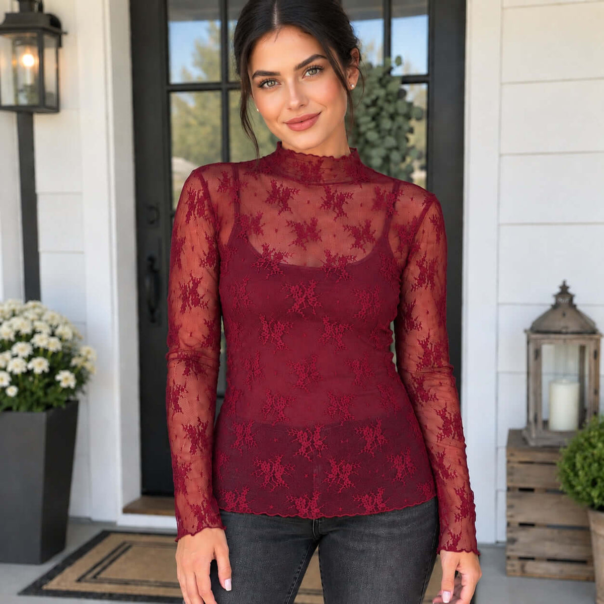 SHEER ROMANCE LAYERING TOP (5 colors) in maroon, showcasing a lace design and mock neck for stylish layering.
