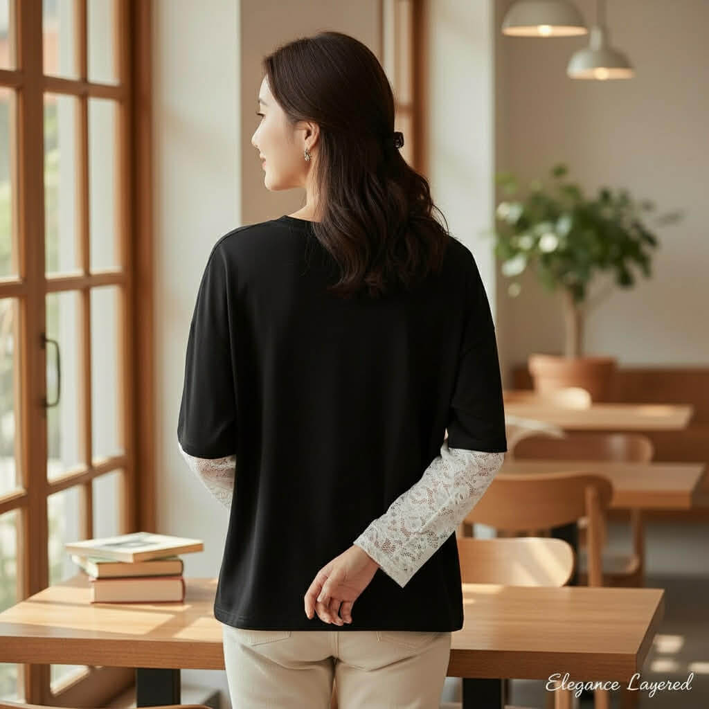 A woman wearing a black Coffee & Cream Top with lace long sleeves, showcasing a casual and feminine style.
