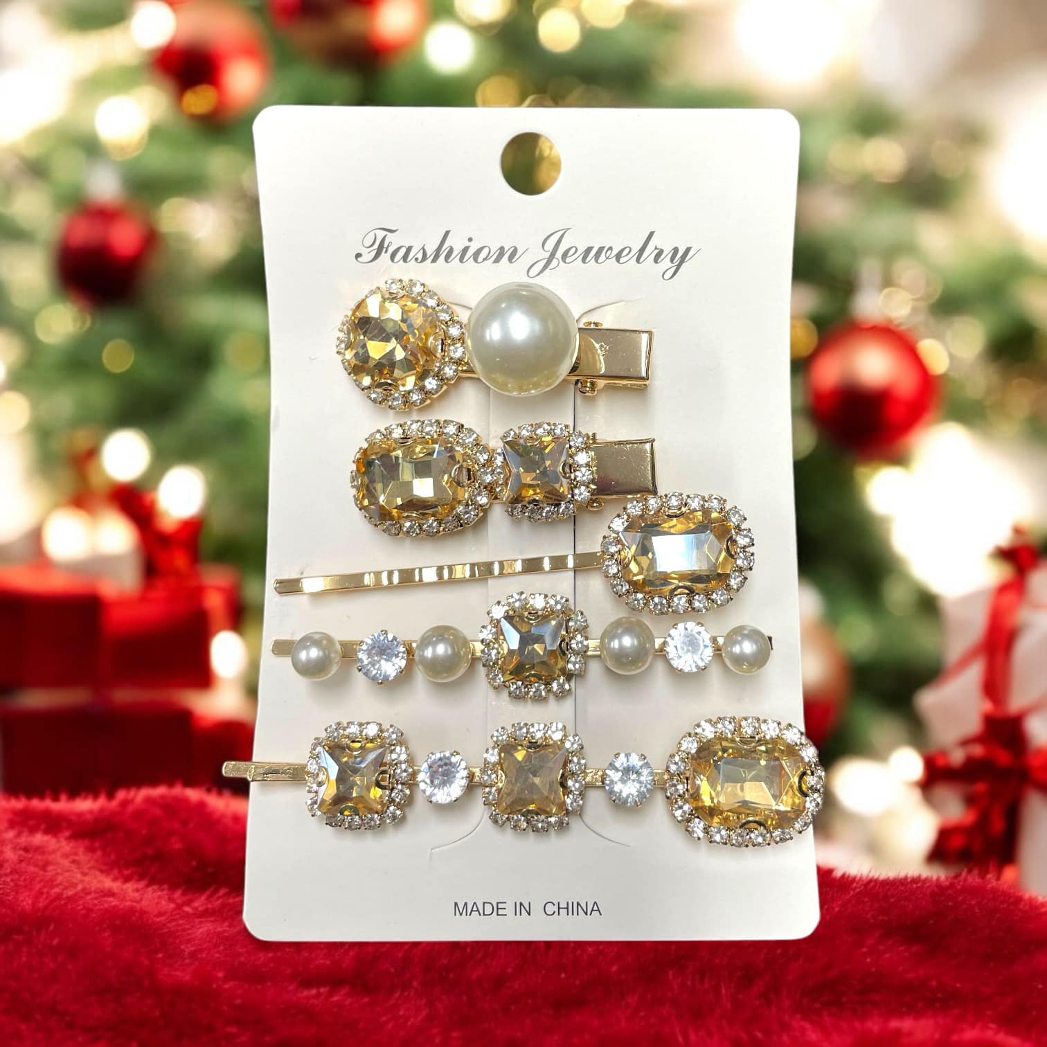 Elegant set of five jeweled hair clips with rhinestones and faux pearls for holiday styling.