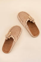 LAIDBACK LUXE SLIDES (Latte) in chic ruffle entrance design slip-on moccasin style.