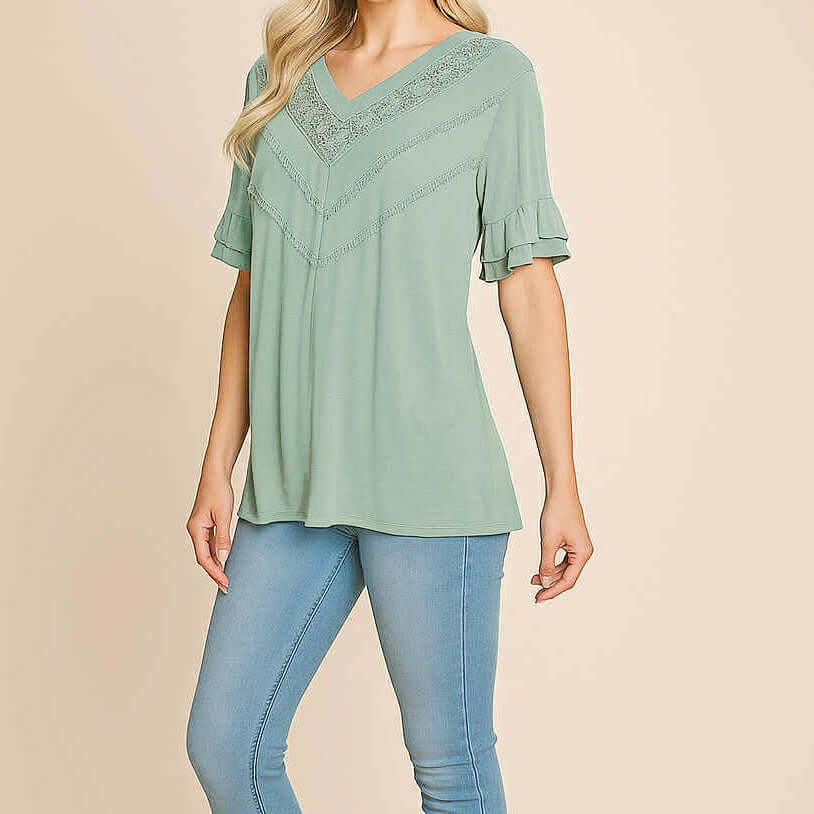 Delicate Directions Top in sea green with lace trim, short ruffled sleeves, perfect for casual wear or brunch dates.