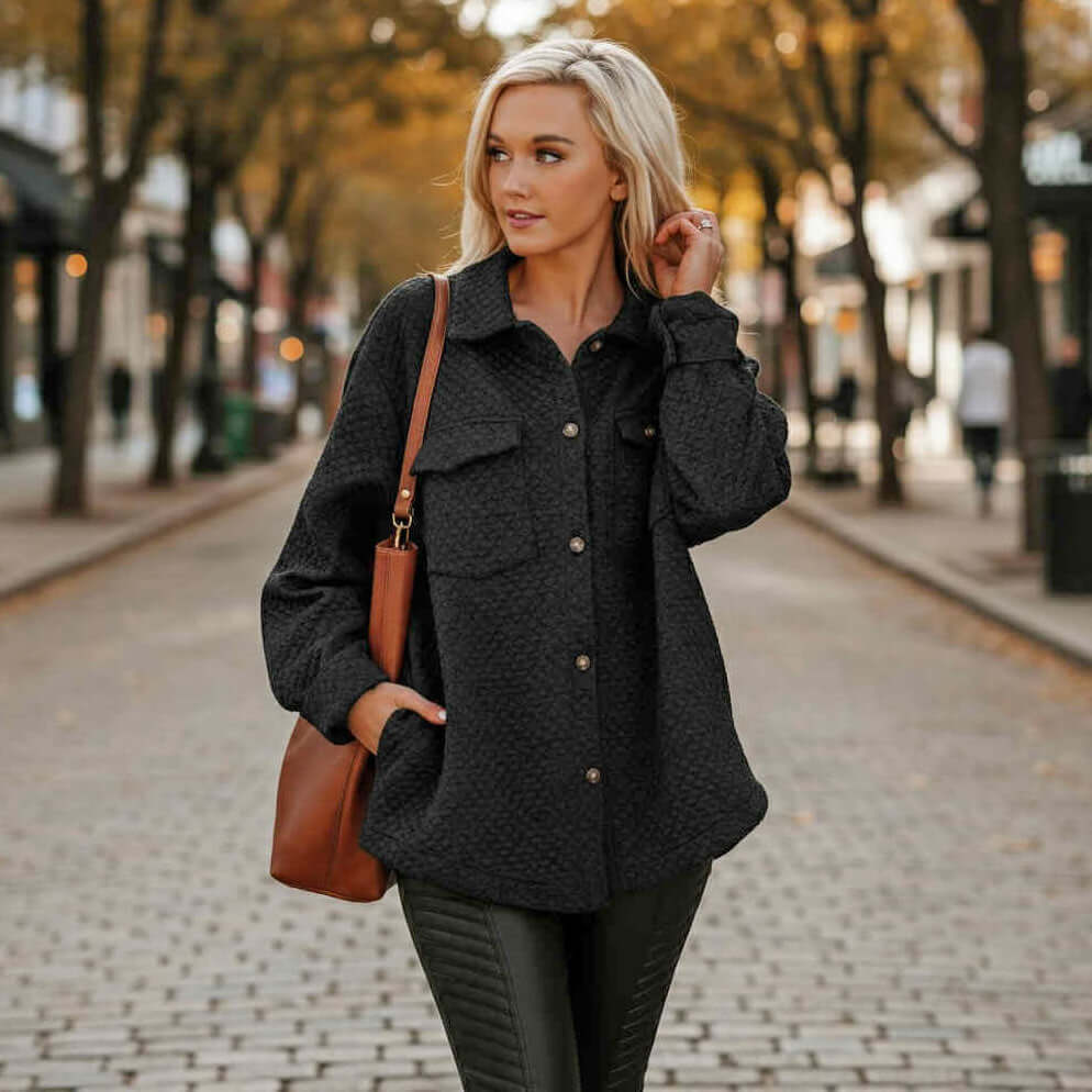 WARM IMPRESSIONS BUTTON DOWN stylish black shacket with button front and chest pockets, perfect for cozy outings.