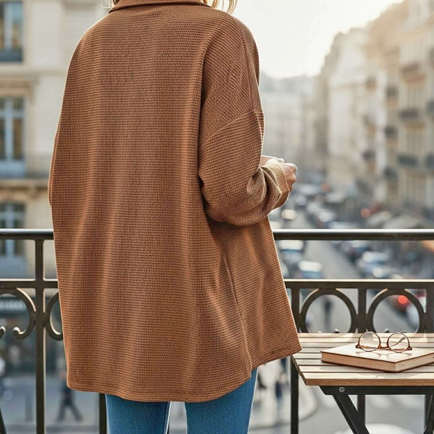 Amber Woods Jacket in warm cinnamon brown on a balcony with city view, showcasing textured fabric and drop shoulder design.