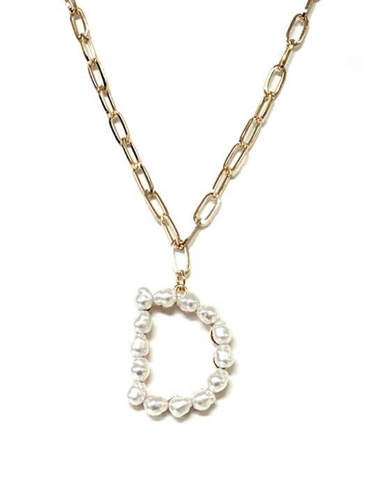 Personalized Pearl Essence Monogram Necklace with gold-tone chain featuring freshwater pearls, customizable letter D.