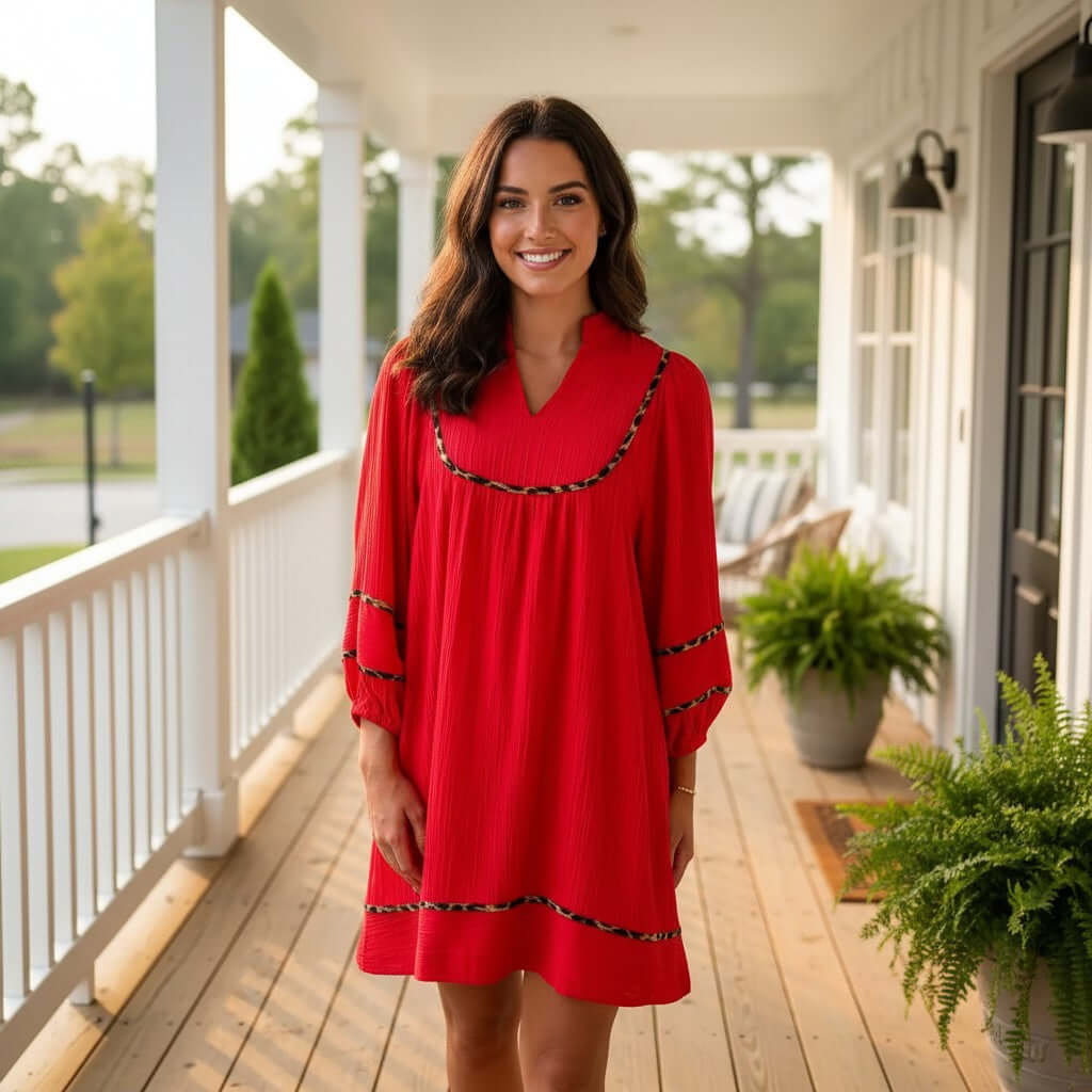 Model wearing a RED HOT CONFIDENCE DRESS with pockets, showcasing its vibrant red fabric on a porch.