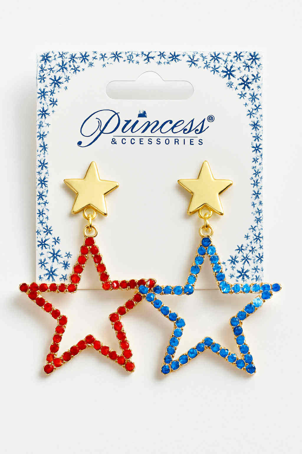Star Spangled Sparkle Earrings with red and blue rhinestone stars, gold-tone stars by Princess Accessories.