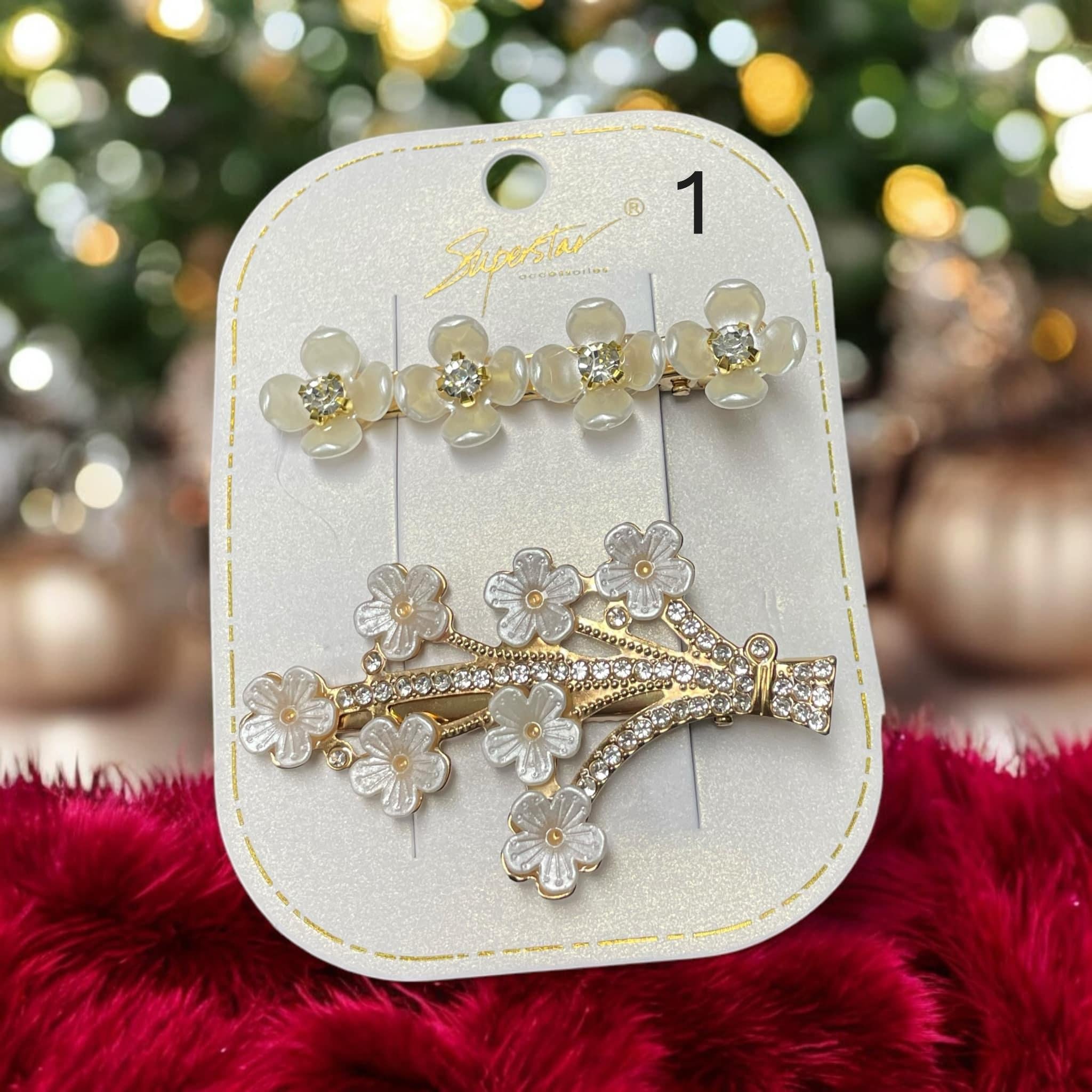 Elegant rhinestone and flower hair clips set for chic hairstyles, perfect for holiday styling.