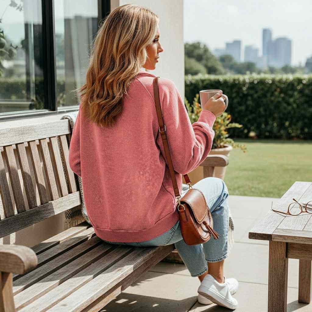 Woman wearing the SUNKISSED STYLE JACKET, seated on a bench with a coffee, enjoying a sunny day.