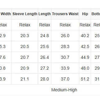 Size chart for CALM & COLLECTED 2 PIECE SET showing measurements for various sizes in inches.