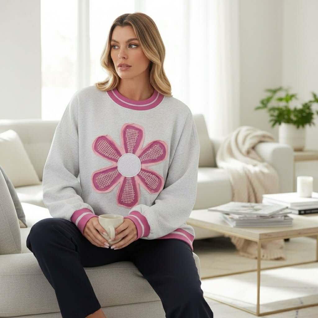 DAYDREAM BELIEVER - Sage + Fig (gray) Crew Neck Pullover featuring a pink daisy appliqué and a cozy oversized fit.