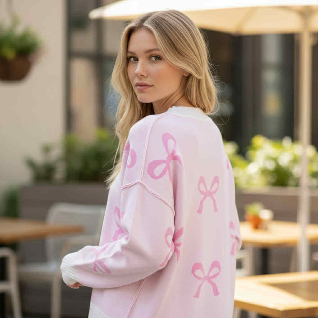 Model showcasing the KNOT OVER YOU SWEATER with pink bow print in a sunny outdoor setting.