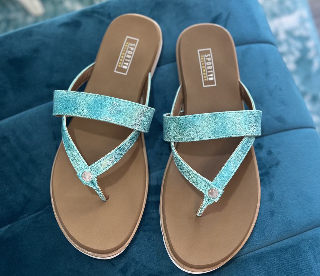 Stylish turquoise YELLOW BOX - SHAYNE sandals with shimmer texture, perfect for summer sporty occasions.