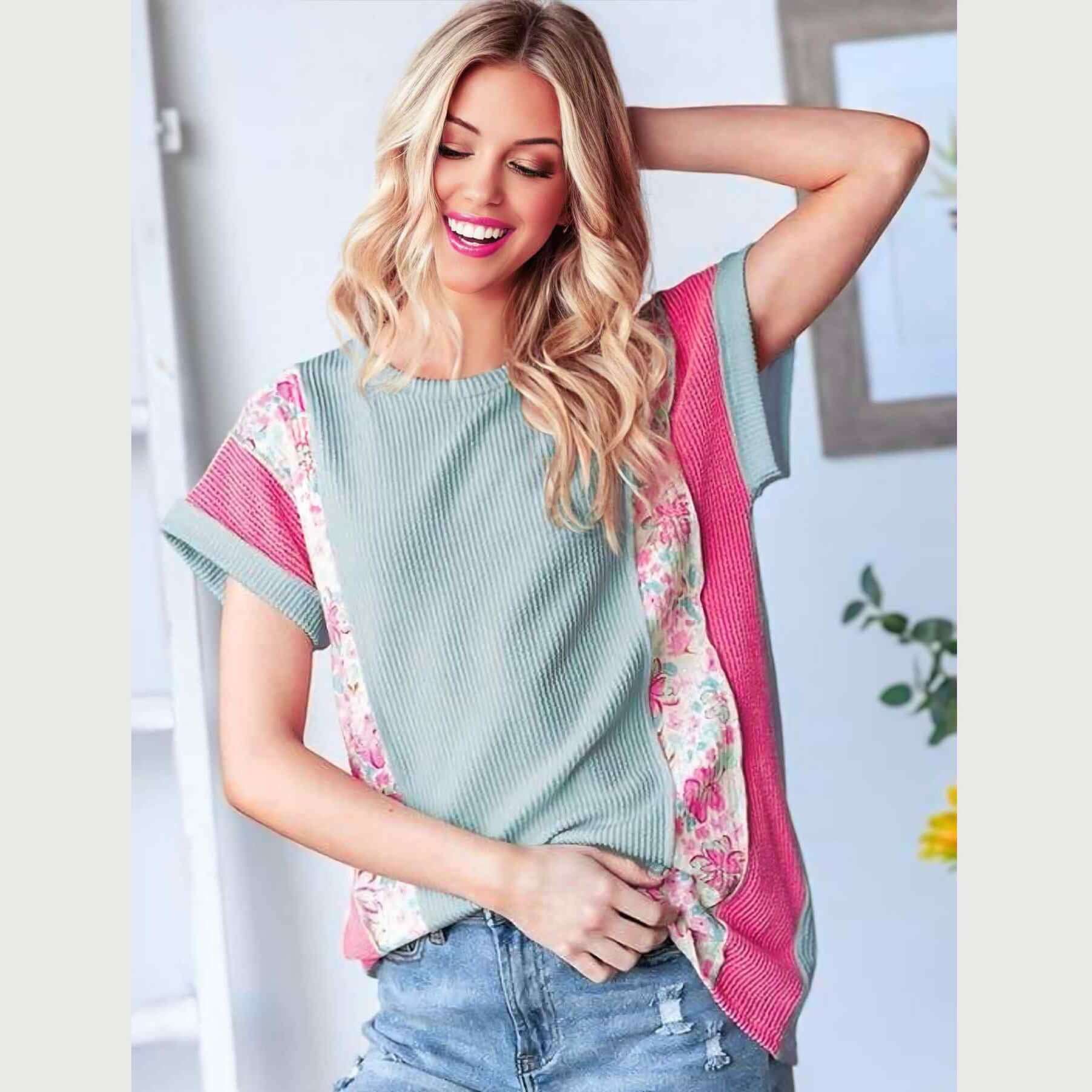 Gorgeous mint floral patch ribbed top by Heimish, perfect for effortless style and comfort.