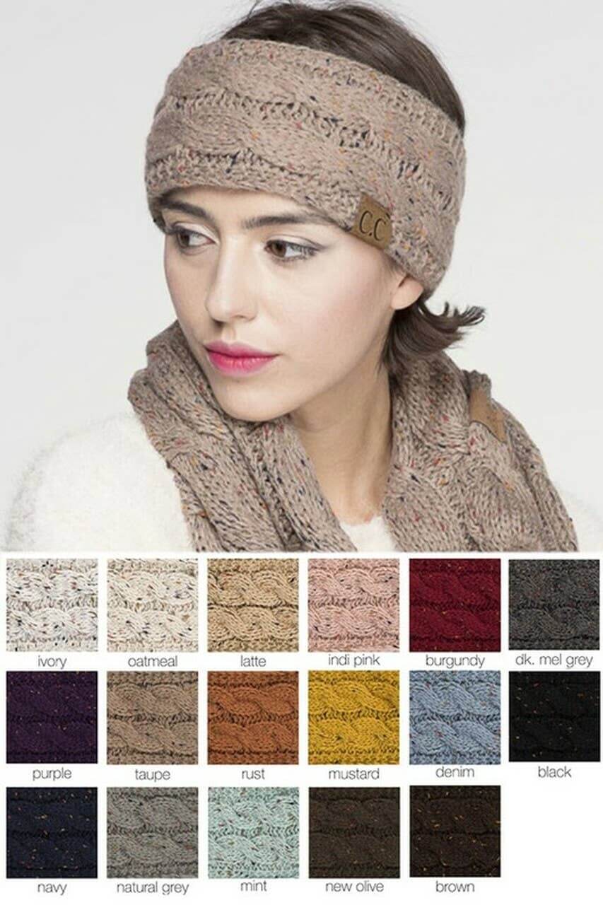 Model wearing C.C Chunky Knit Confetti Sherpa Headband in taupe, showcasing stylish design and color options.