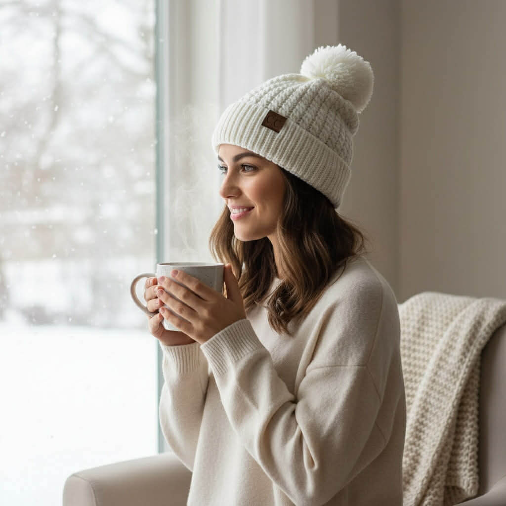 Woman wearing the KNITTY GRITTY BEANIE by C.C. (cream) while holding a cup, snowy window in background.