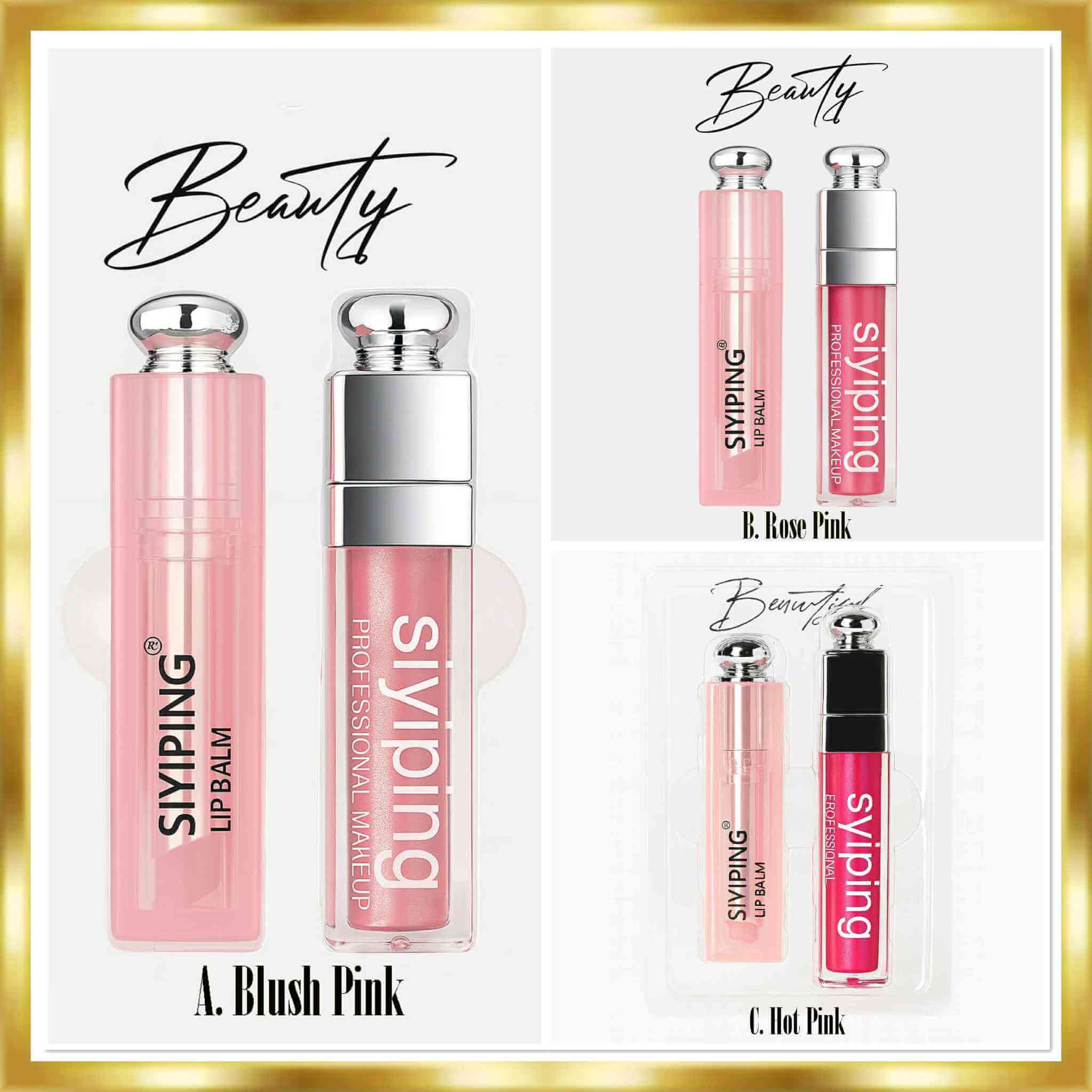 BEAUTIFUL LIPPY DUO featuring Blush Pink, Rose Pink, and Hot Pink lip colors with accompanying lip balm.
