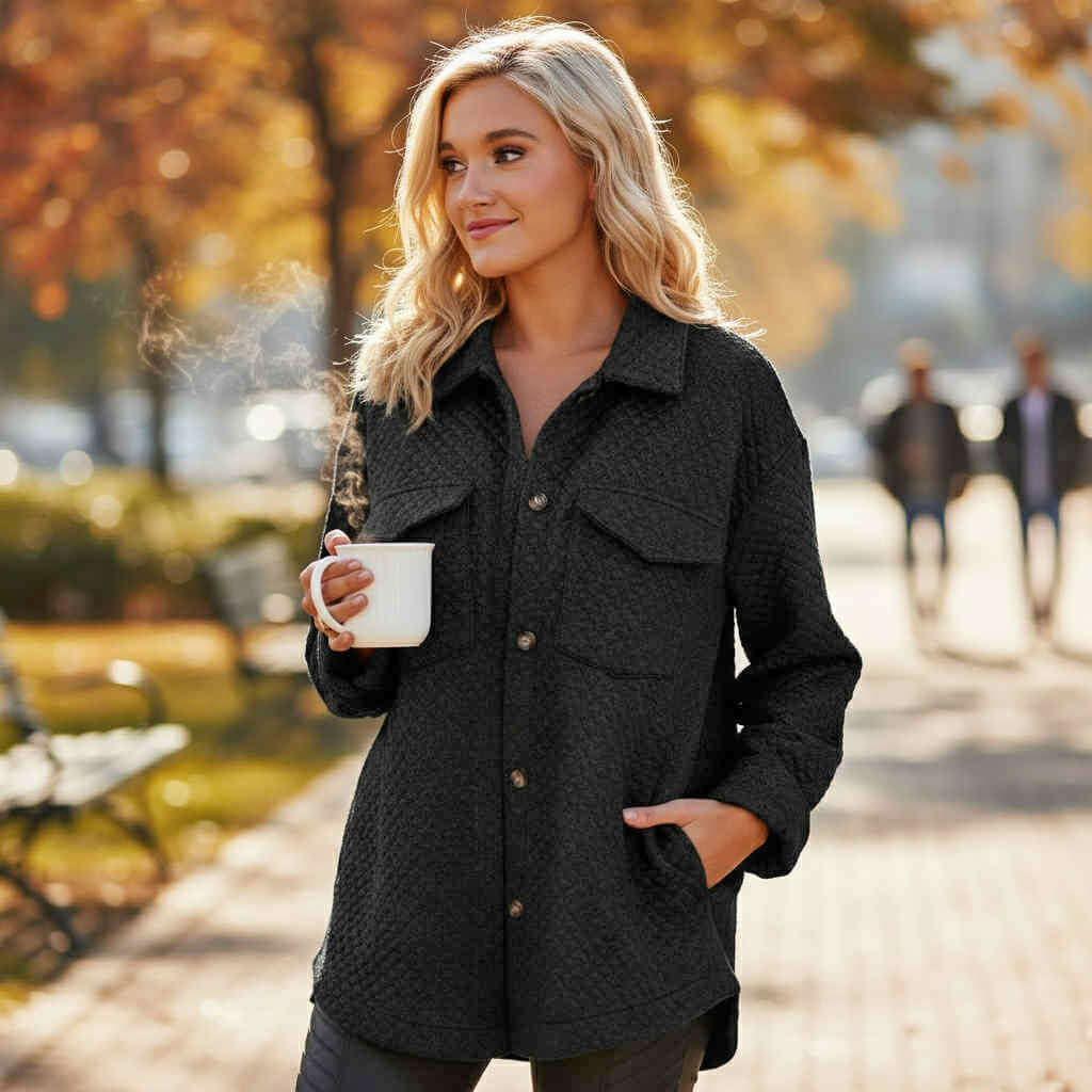 WARM IMPRESSIONS BUTTON DOWN black quilted shacket worn by a woman holding a coffee cup outdoors in autumn.