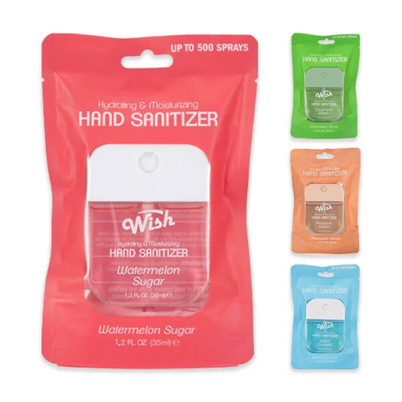WISH HAND SANITIZER NEW (8 SCENTS AVAILABLE) in Watermelon Sugar scent, hydrating formula with moisturizing benefits, 35ml.