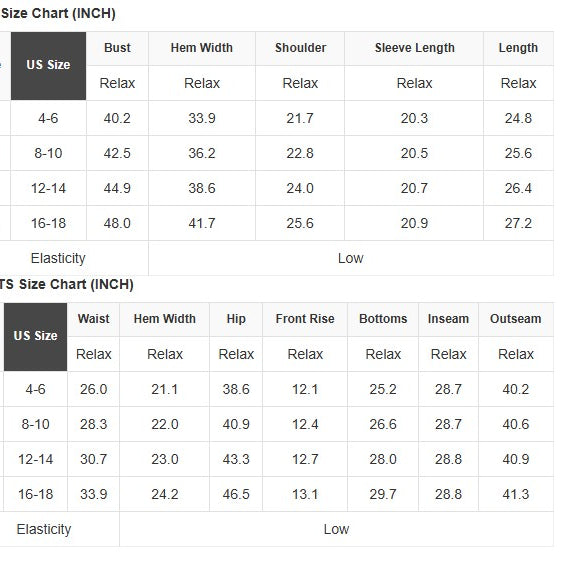 DAYDREAMS RIBBED LOUNGE SET size chart for tops and pants with measurements in inches.