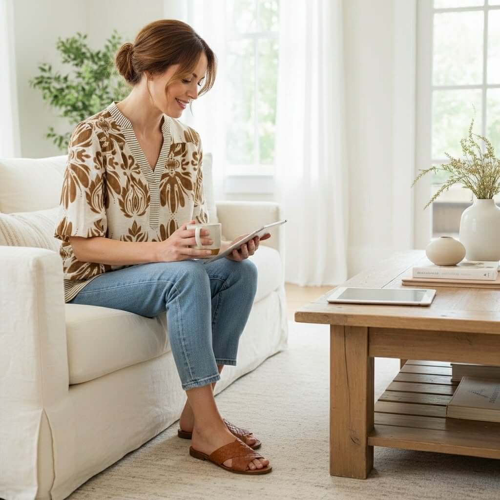 Woman wearing SOFT STRUCTURE TOP - She + Sky, enjoying her time reading on a cozy couch.