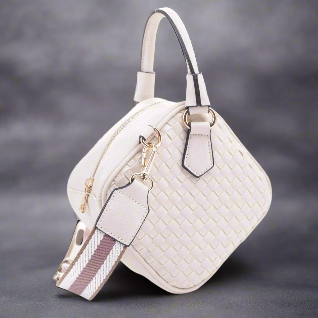 Christine Woven Women's Crossbody Bag featuring modern rhombus pattern, detachable strap, and top handle.